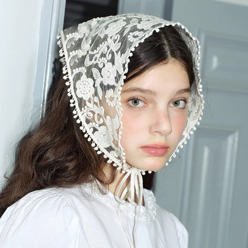 Travel Accessories Aesthetic - White Woven Floral Lace Hair Scarf